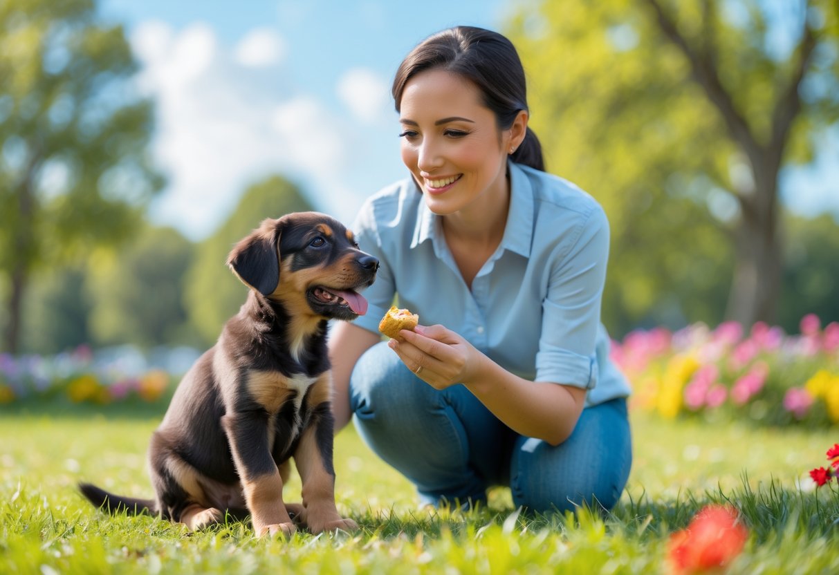 A woman training a young puppy outdoors in a sunny park, with the puppy sitting attentively on the grass.