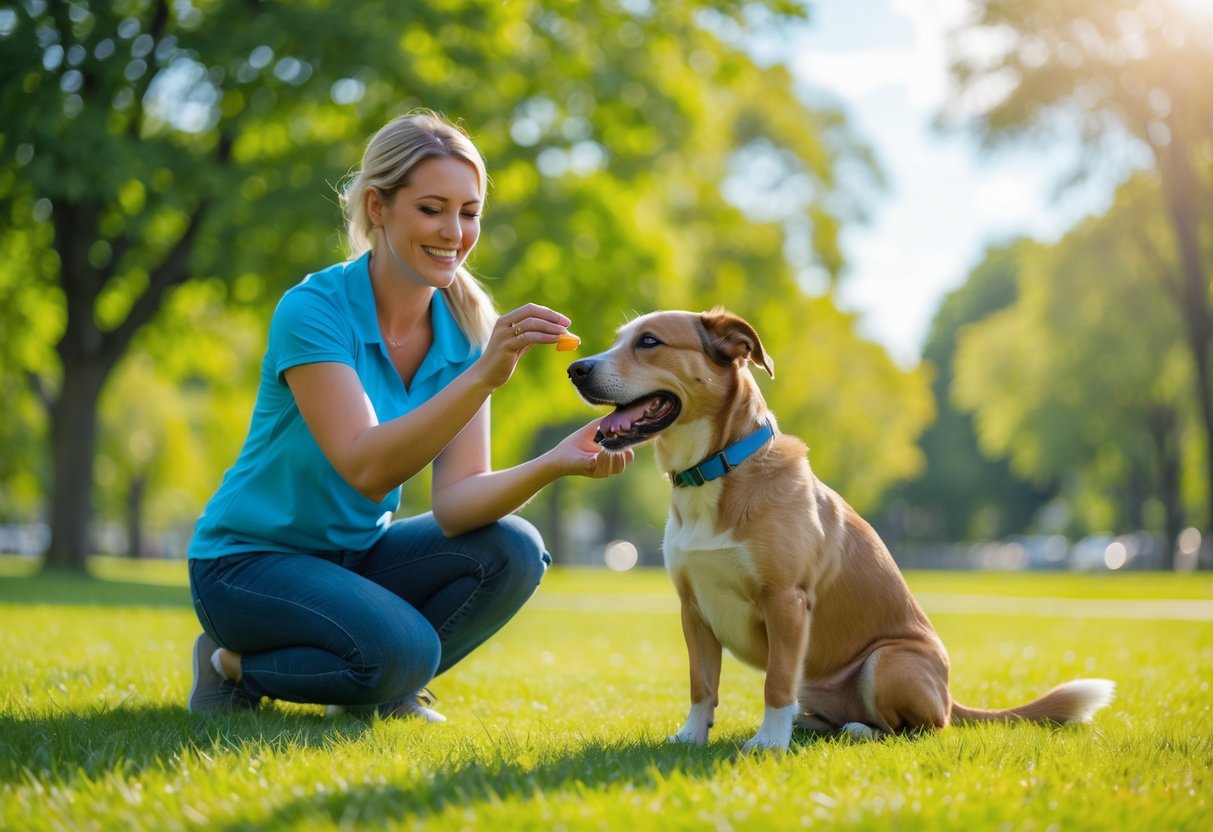 A dog trainer giving a treat to a sitting dog outdoors in a sunny park.