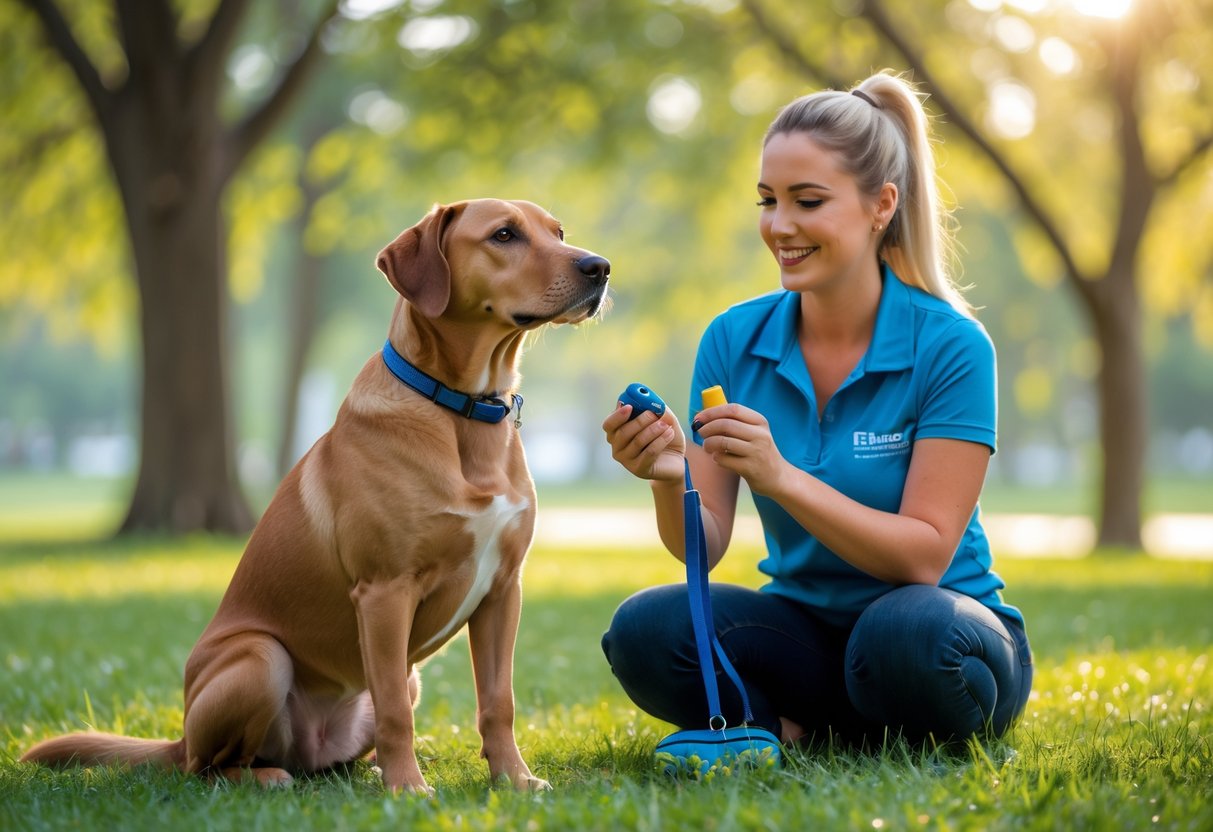A dog sitting attentively next to a dog trainer in a park, with trees and grass in the background.