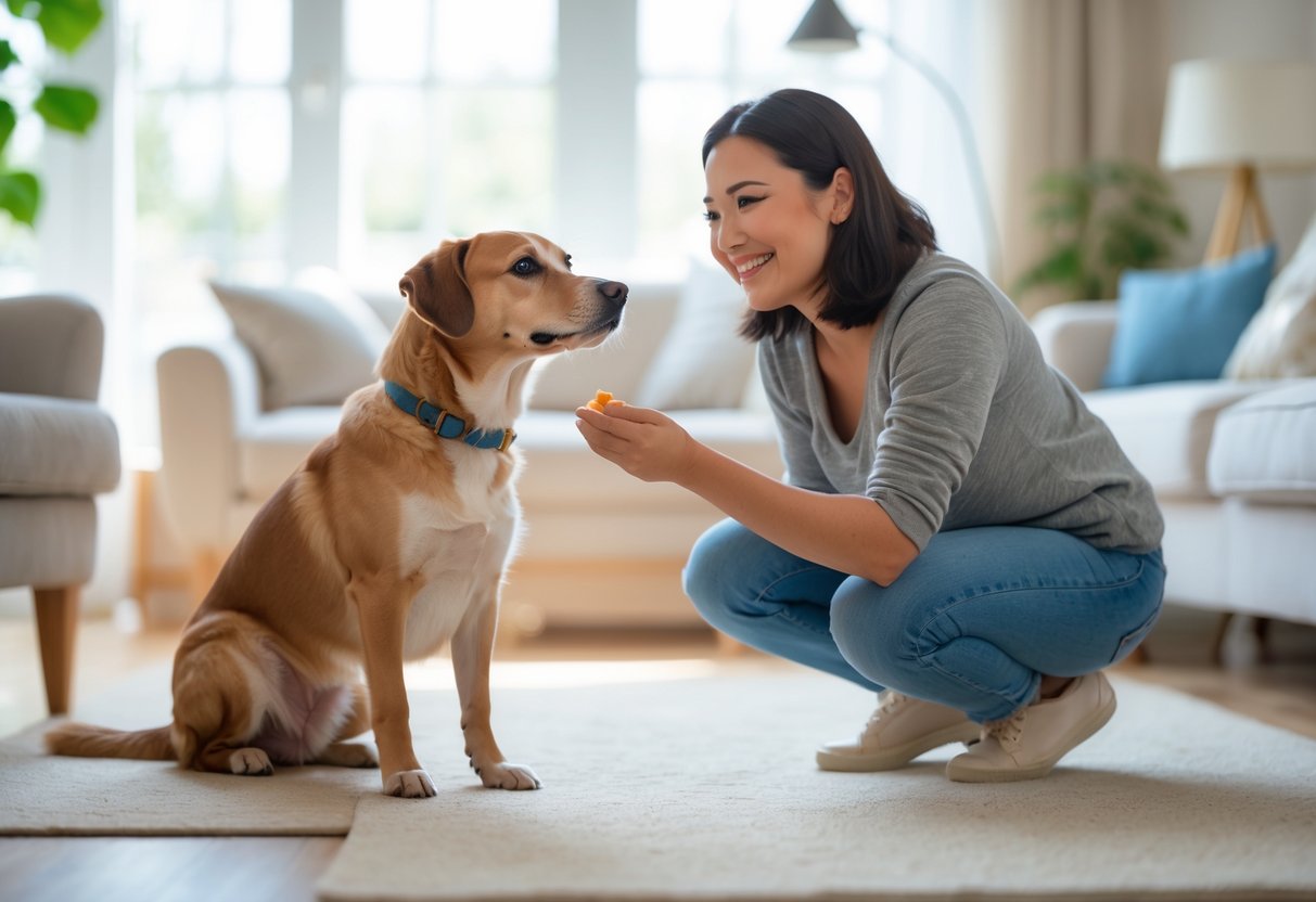 A person kneeling indoors training a medium-sized dog that is sitting attentively and looking at the person.