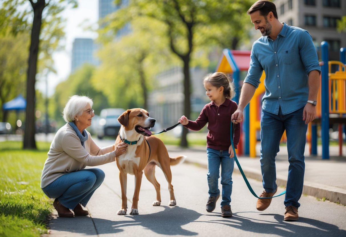 A dog interacting happily with different people outdoors in a park, playground, and city sidewalk.