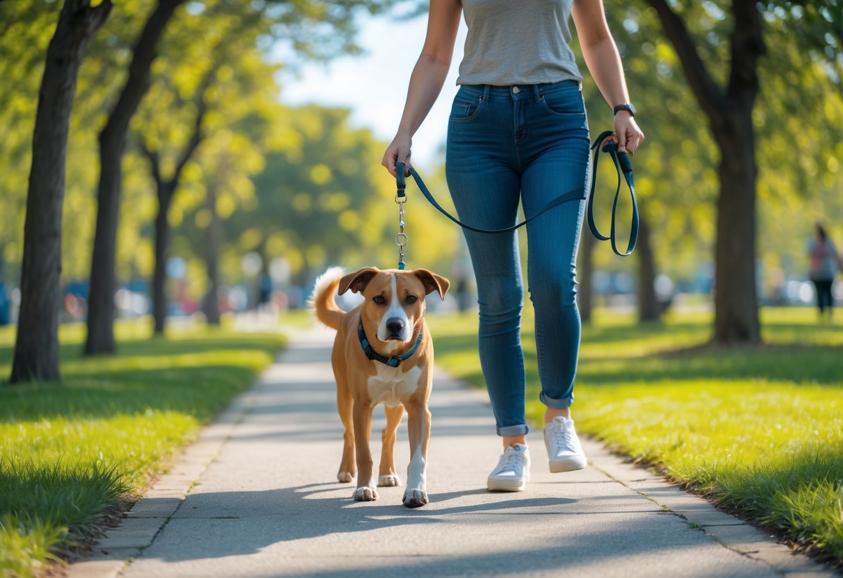 A person walking a dog on a leash in a sunny park along a paved path.