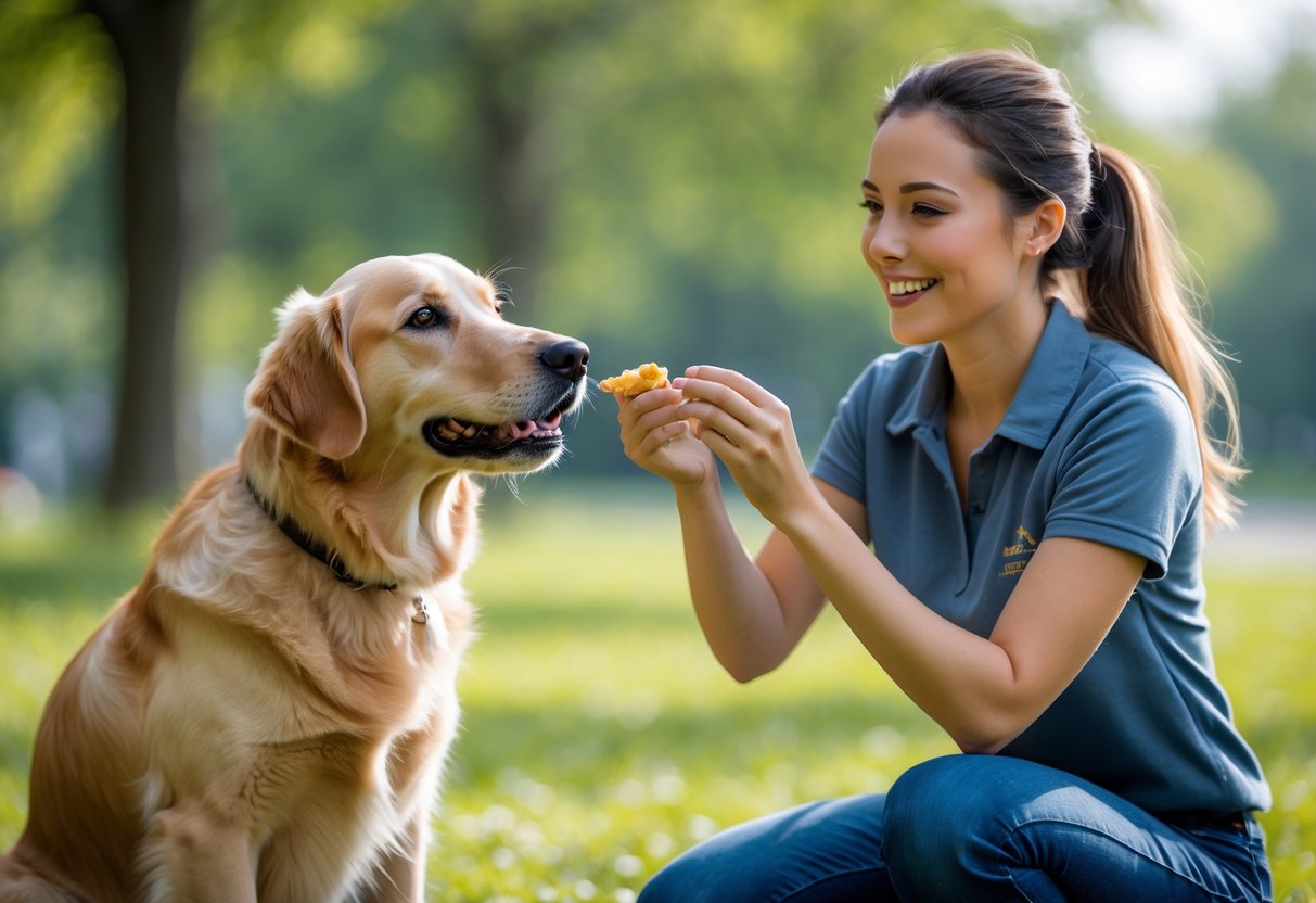A woman rewarding a sitting golden retriever with a treat outdoors in a park.