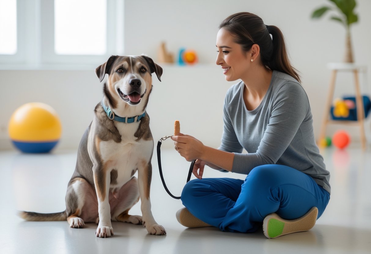 A dog sitting attentively next to a smiling trainer in a bright indoor training area.