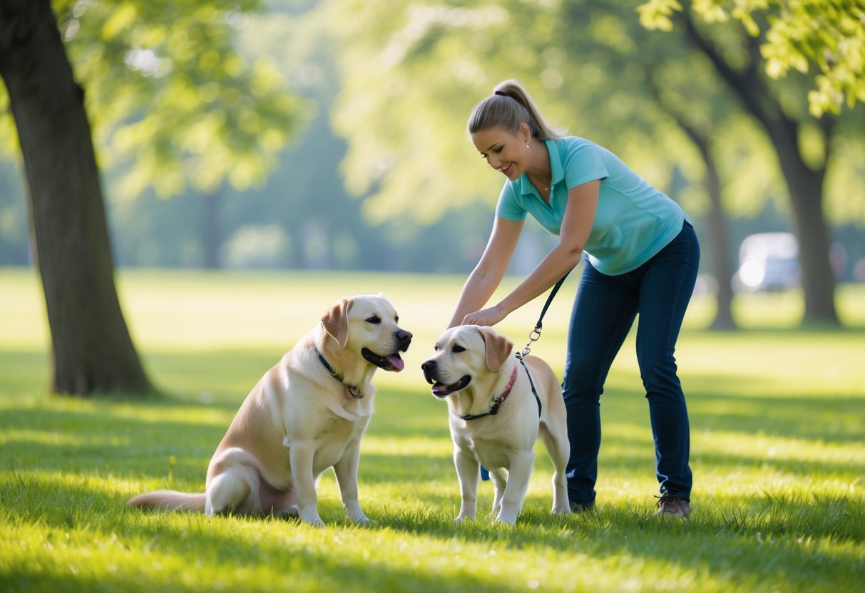 A dog trainer outdoors teaching a Labrador Retriever to sit, stay, come, and heel in a park.