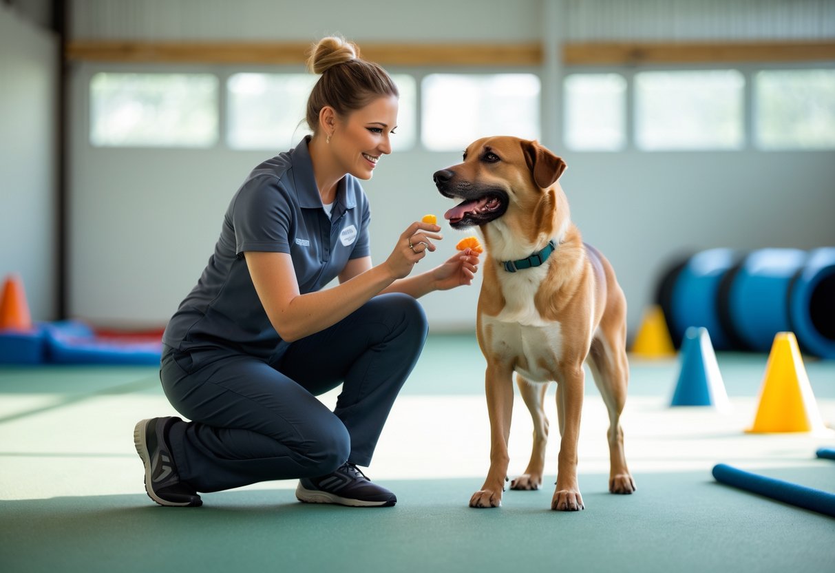 A dog trainer kneeling next to an attentive dog in a bright indoor training area with agility equipment.