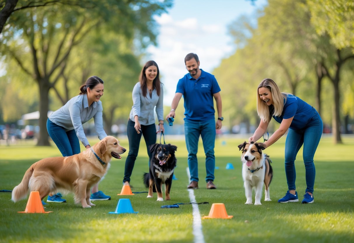 People training dogs outdoors in a park, with dogs following commands and trainers using treats and hand signals.