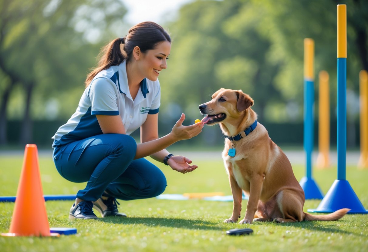 A dog trainer giving treats to a sitting dog in a sunny park with training equipment nearby.