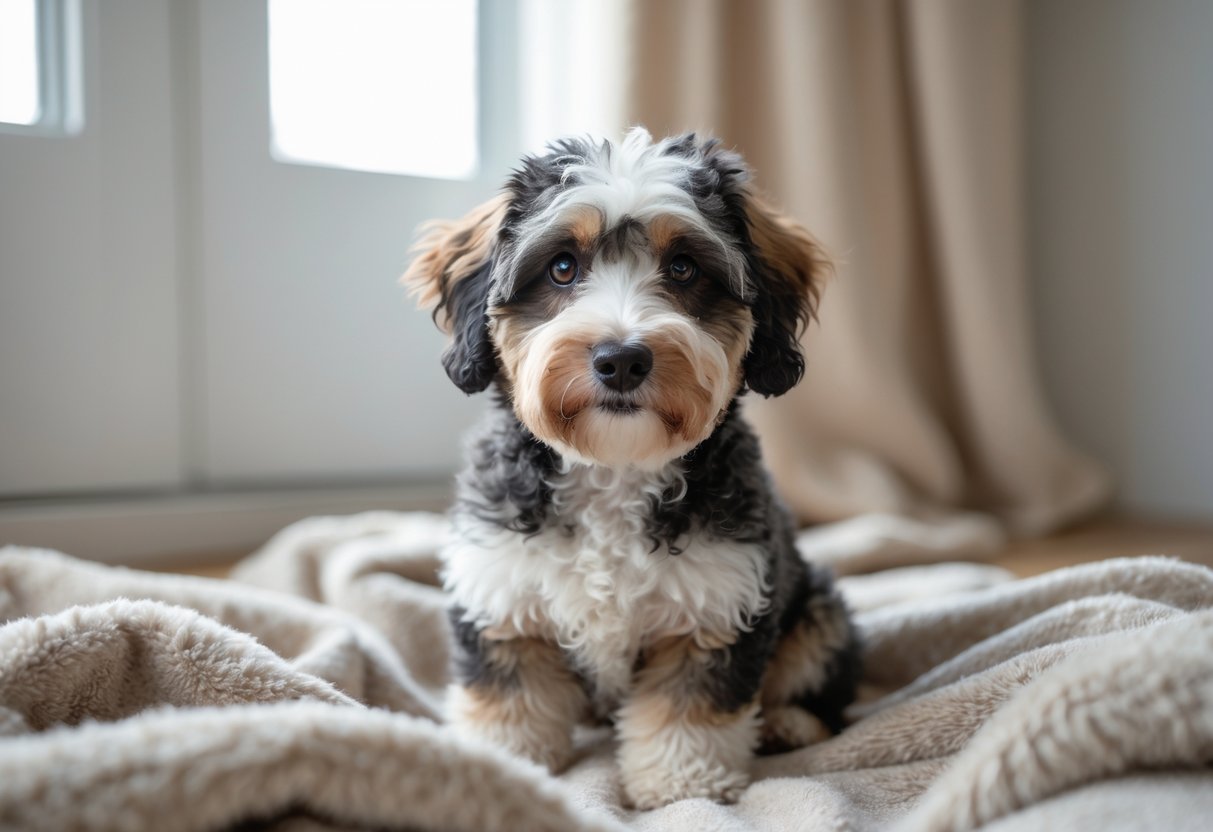 A small mini Bernedoodle dog with a curly coat sitting on a blanket indoors, looking at the camera.