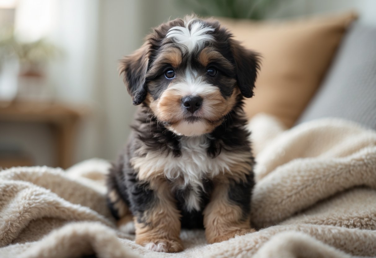 A Mini Bernedoodle puppy with a fluffy tricolor coat sitting on a soft blanket indoors.