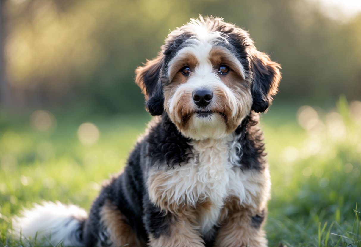 A mini Bernedoodle dog sitting outdoors on grass, looking attentively at the camera with a soft, curly coat.