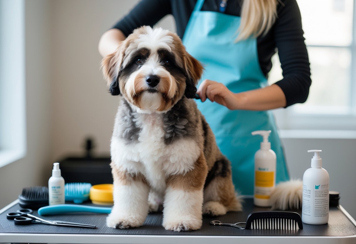 A mini Bernedoodle dog sitting on a grooming table while a person gently brushes its fur surrounded by grooming tools.