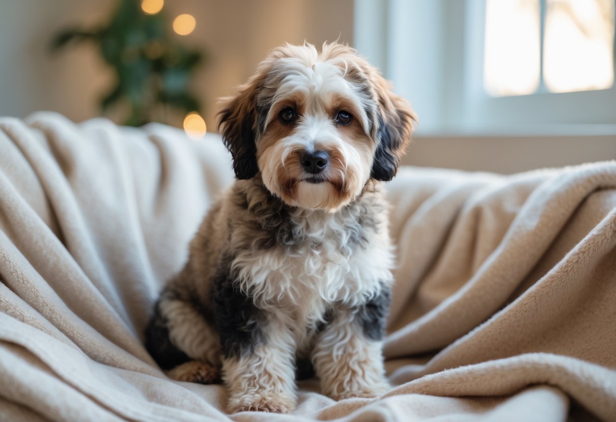 A mini Bernedoodle dog sitting on a blanket indoors, looking at the camera.