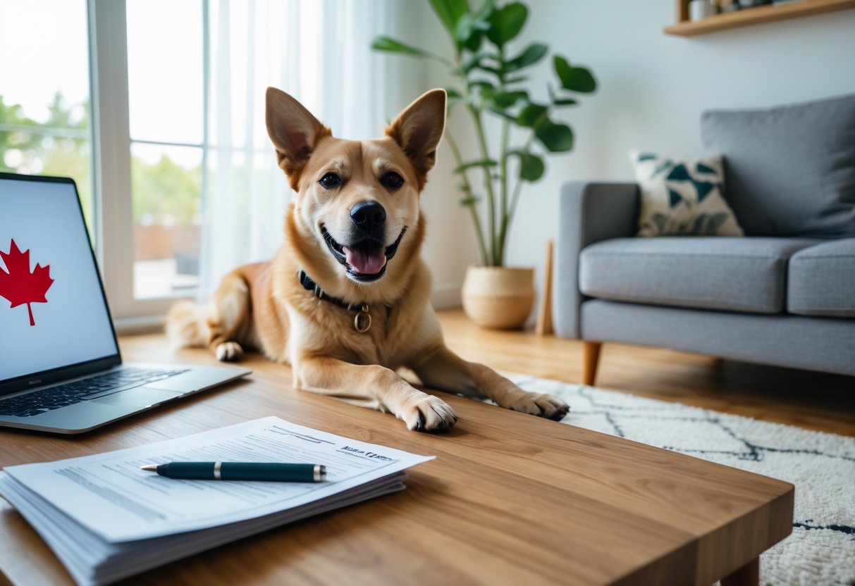 A medium-sized dog sitting on a living room floor next to a laptop showing a Canadian flag, with a person petting the dog and paperwork on a nearby table.