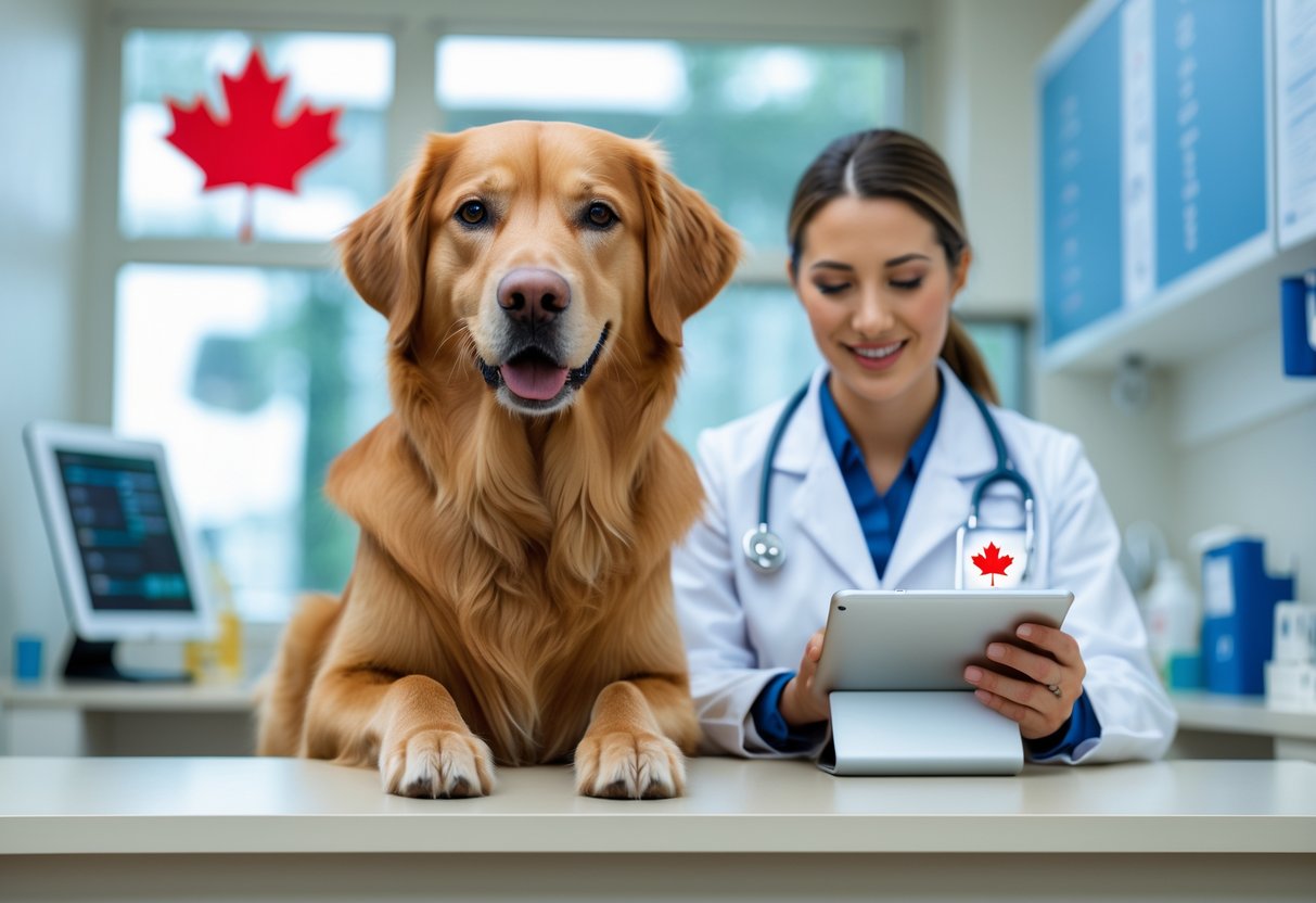 A golden retriever sitting in a veterinary clinic with a veterinarian reviewing medical charts in the background.