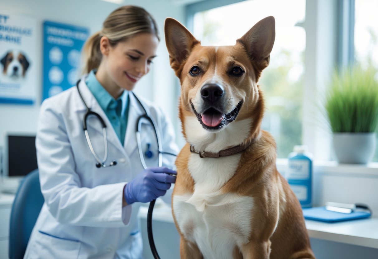 A medium-sized dog being examined by a veterinarian in a bright veterinary clinic.