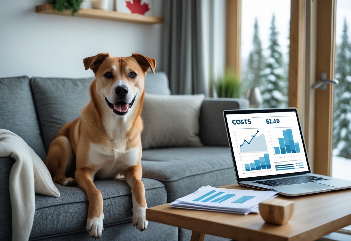A healthy dog sitting on a couch in a living room with documents and a laptop on a coffee table nearby.