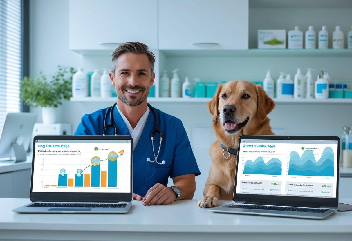 A veterinarian at a desk with two laptops showing charts, and a calm dog sitting beside them in a veterinary clinic.