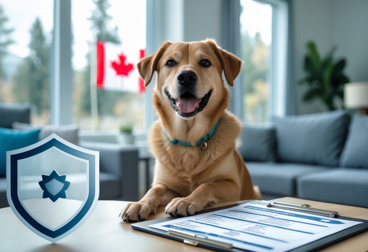 A healthy dog sitting indoors near a window with a Canadian flag visible outside, next to a clipboard and a shield icon symbolizing insurance and protection.