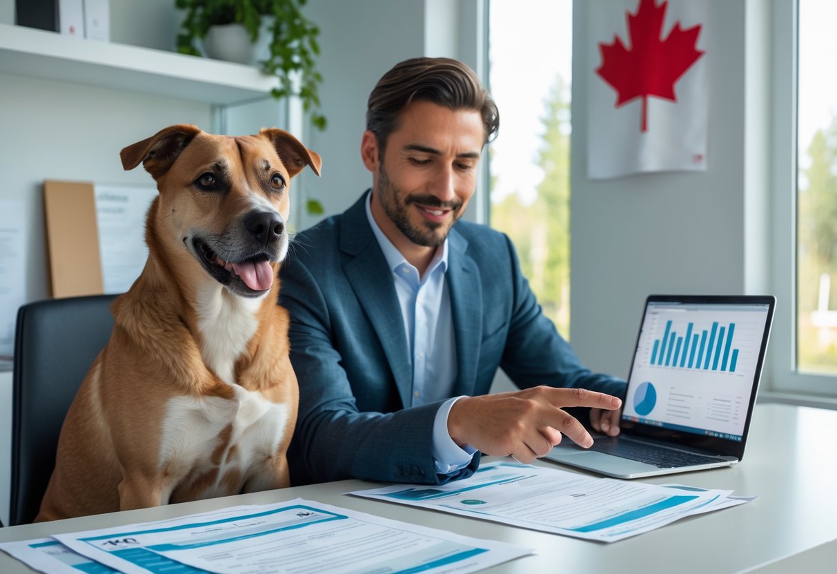A person reviewing documents at a desk with a calm dog sitting beside them in a bright home office with Canadian decorations.