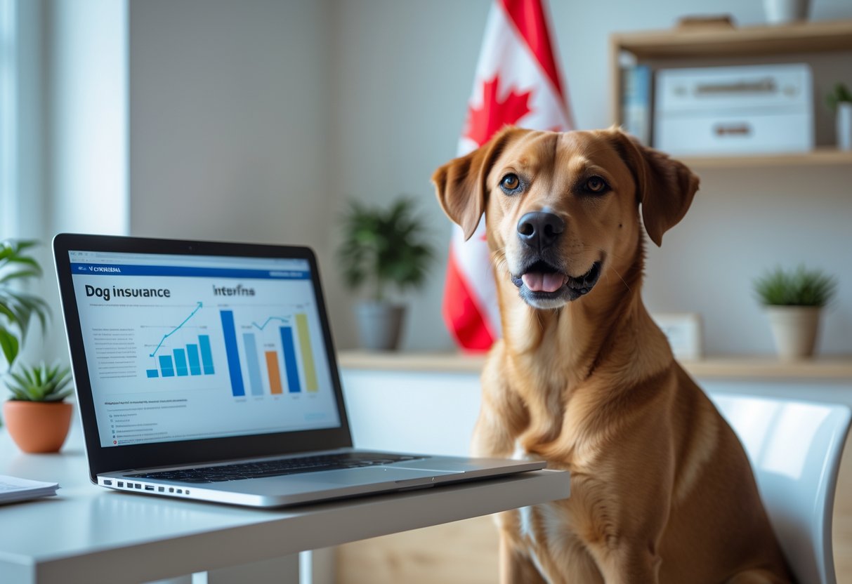 A happy dog sitting next to a laptop on a desk in a bright home office with a Canadian flag and pet care books in the background.