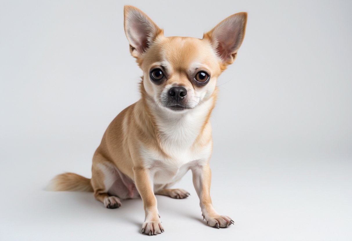 A small tan and white Chihuahua dog sitting and looking forward on a white background.