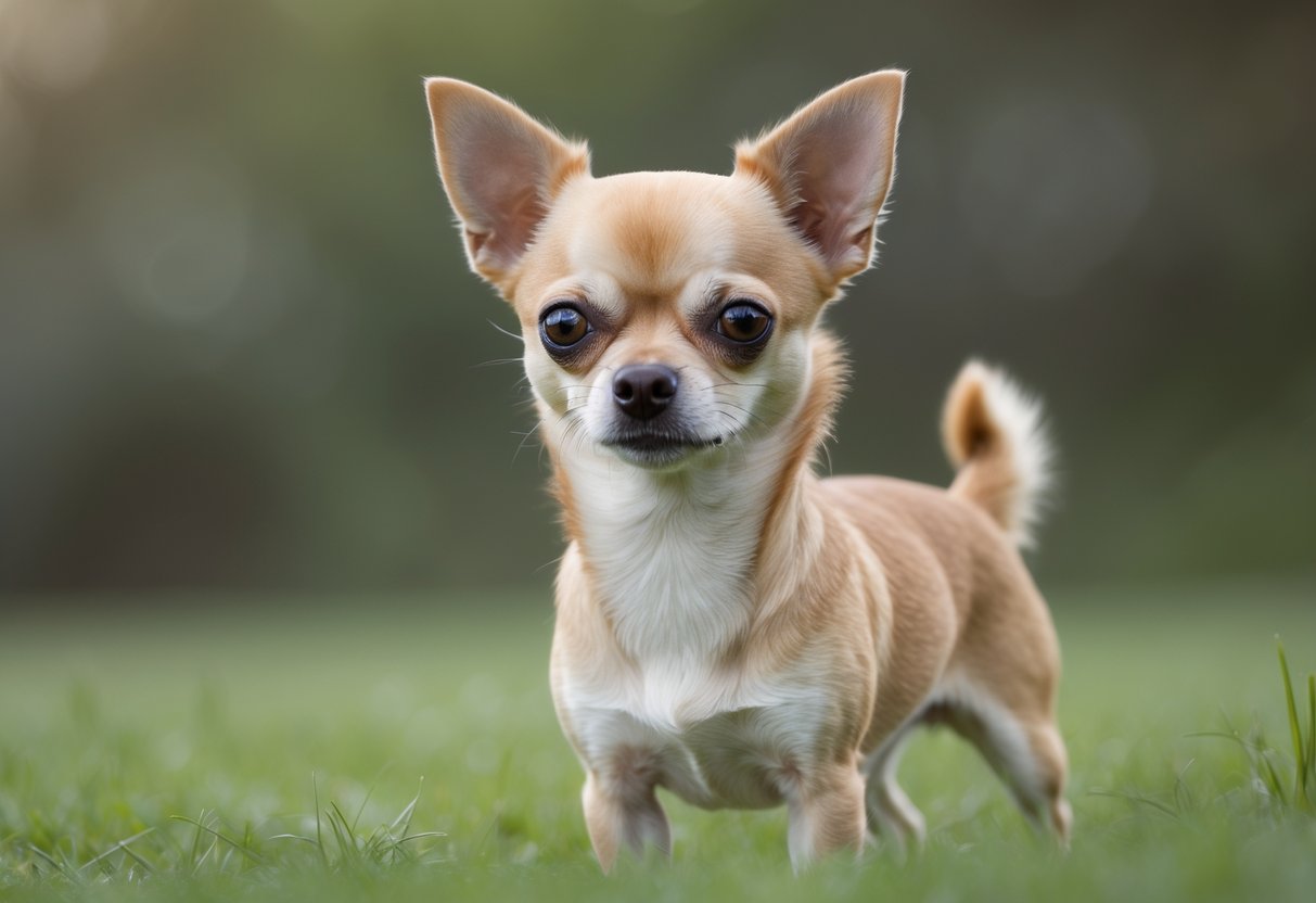 A small Chihuahua dog standing on grass with green foliage in the background.