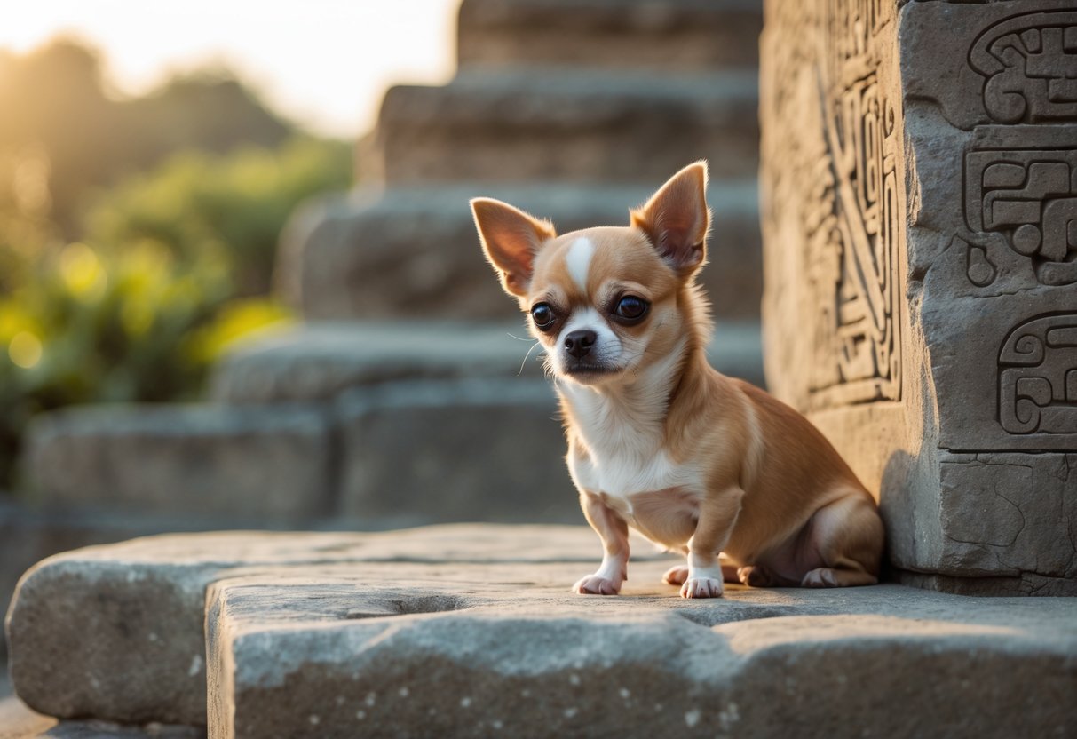 A small Chihuahua dog sitting on ancient stone ruins with greenery in the background.