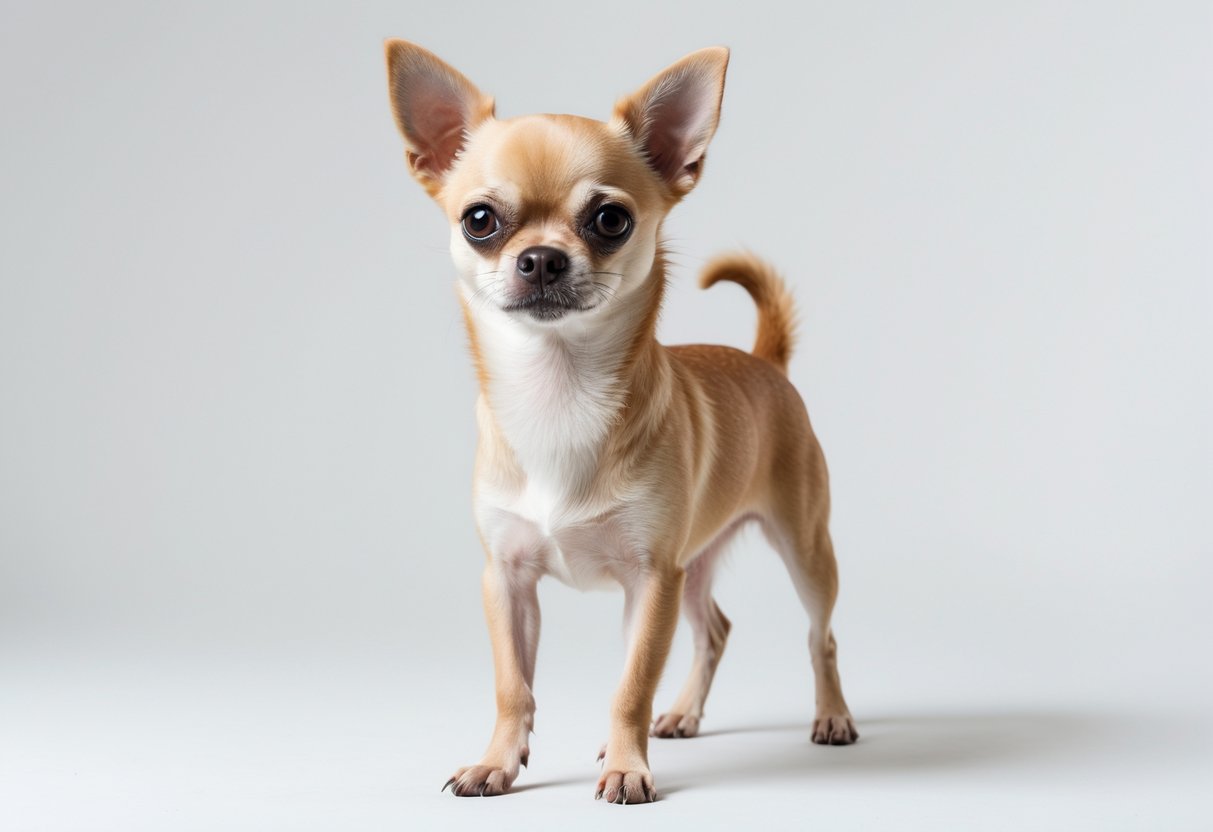 A small tan and cream Chihuahua dog standing on a white background, showing its large ears, dark eyes, and slender body.