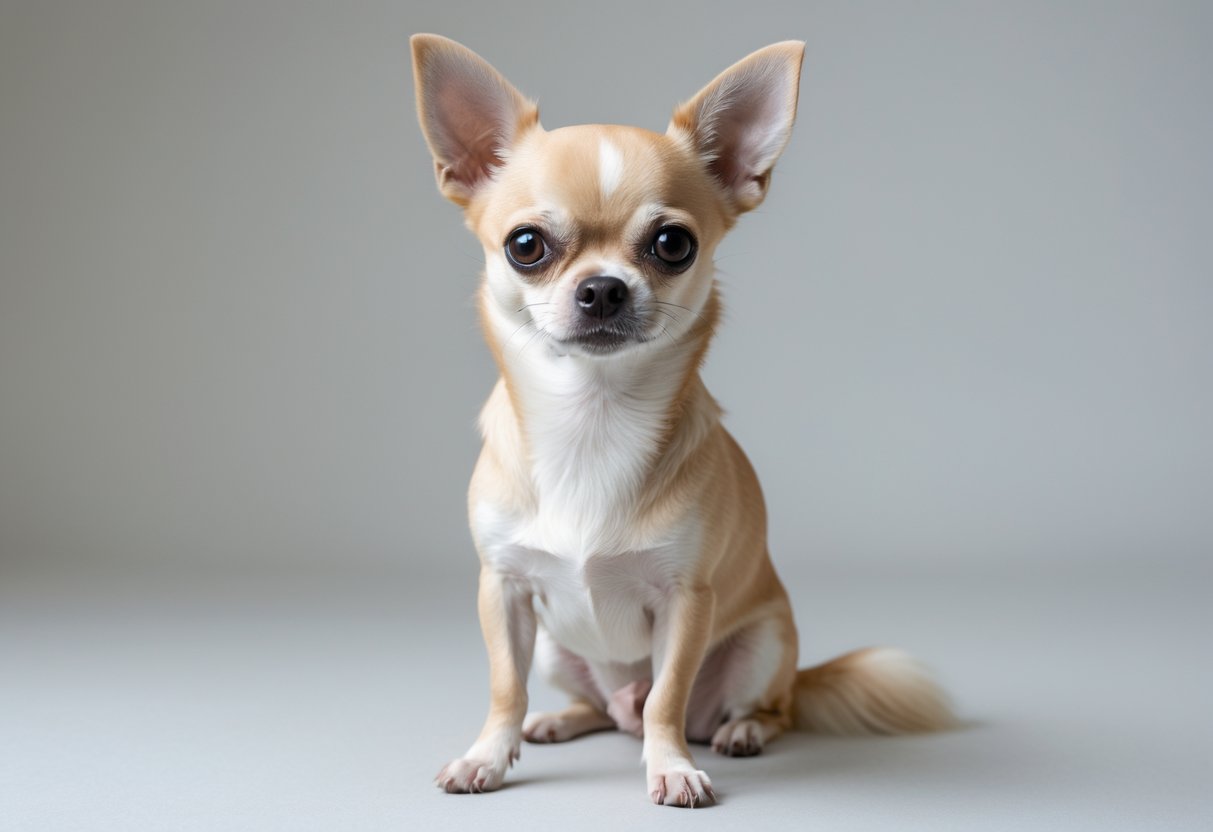 A small Chihuahua dog sitting and looking slightly to the side on a plain background.