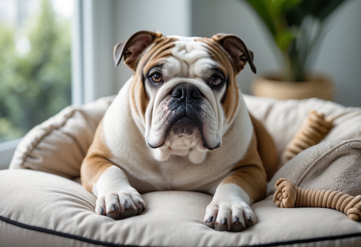 A relaxed bulldog lying down indoors on a soft surface with natural light coming through a window.