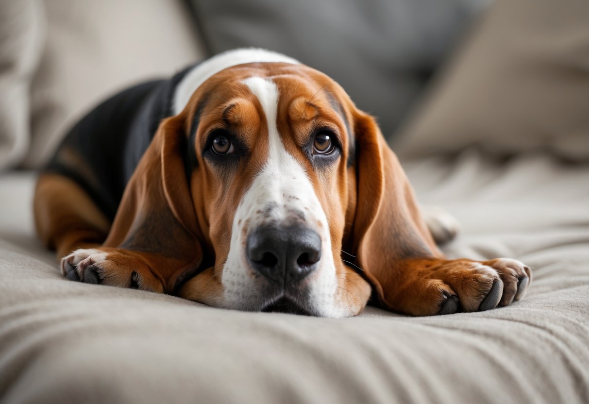 A Basset Hound lying down indoors with long ears and droopy eyes, looking calm and relaxed.