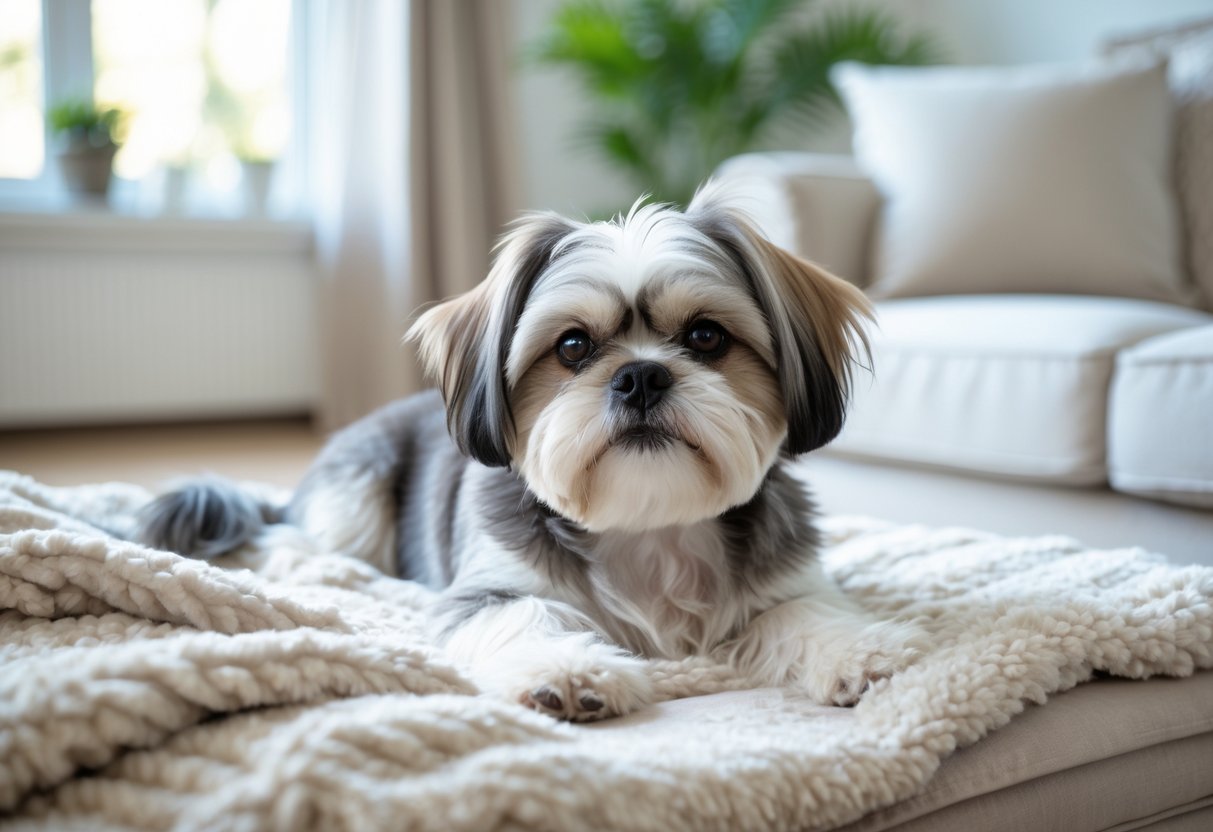 A Shih Tzu dog resting peacefully on a soft blanket in a bright living room.