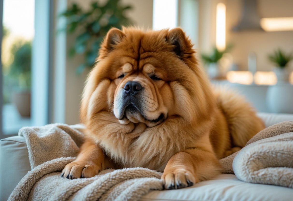 A calm Chow Chow dog resting on a soft blanket in a bright living room.