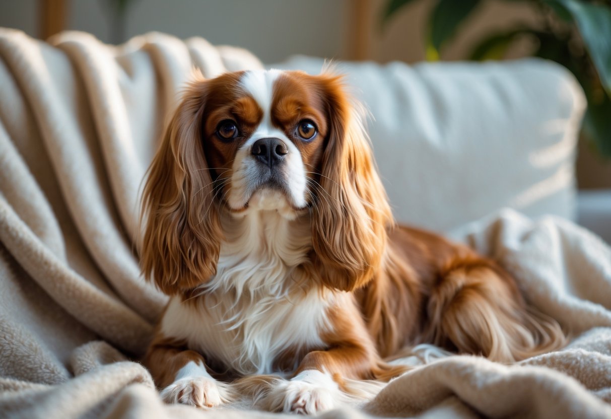 A Cavalier King Charles Spaniel sitting calmly on a soft blanket indoors.