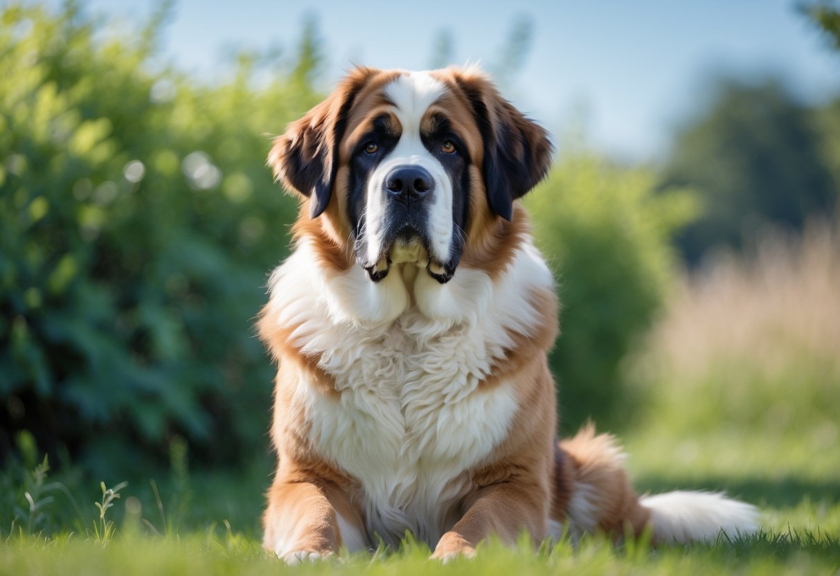 A Saint Bernard dog sitting calmly outdoors with green plants and blue sky in the background.