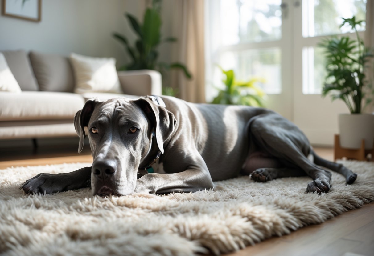 A Great Dane dog lying down calmly on a rug in a modern living room.