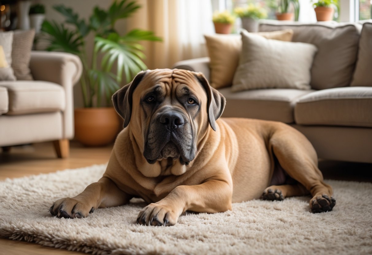 A large Mastiff dog lying calmly on a rug in a cozy living room with natural light and home decor.