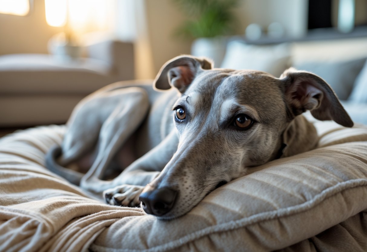A greyhound dog resting on a plush bed in a cozy living room with natural light.