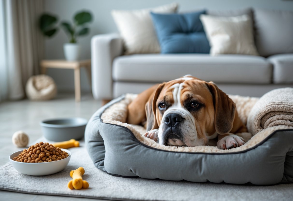 A calm low-energy dog resting on a comfortable bed in a cozy living room with dog care items nearby.
