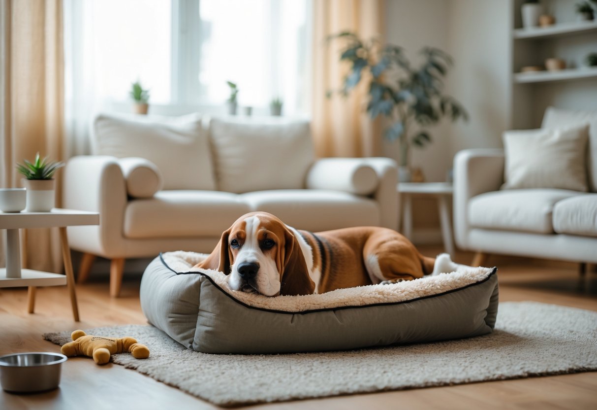 A calm low-energy dog resting on a plush bed in a cozy, softly lit living room with comfortable furniture and plants.