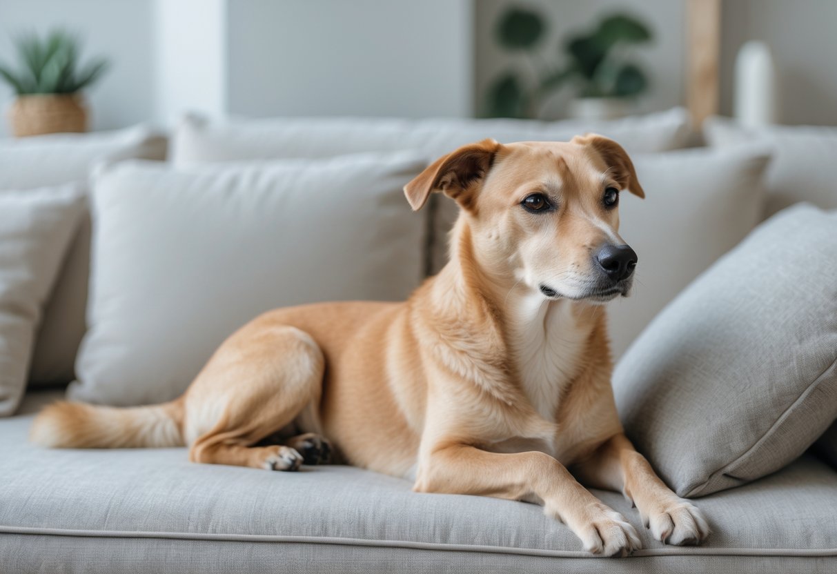 A calm low-energy dog resting comfortably in a cozy living room.