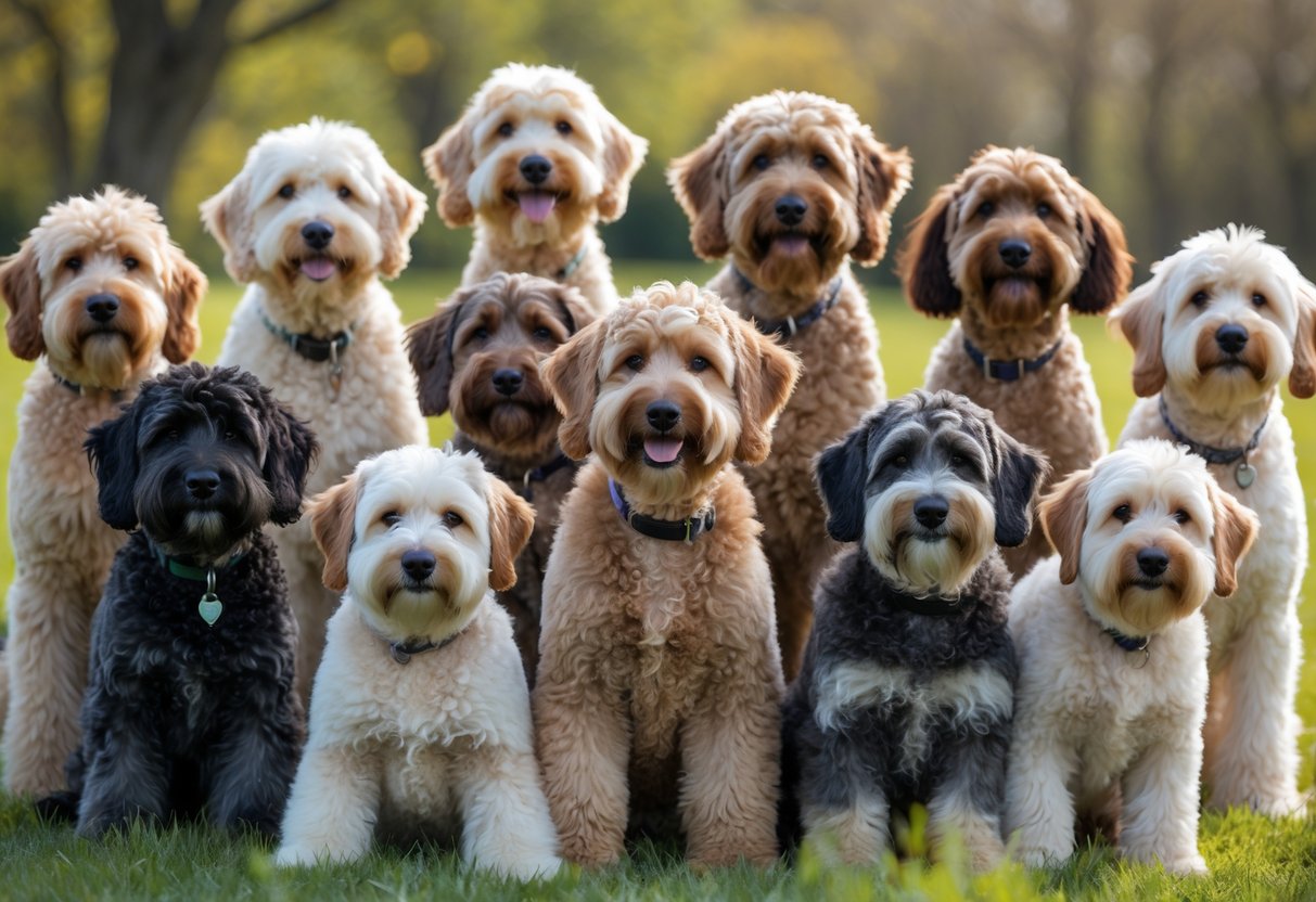 Fifteen Labradoodle dogs gathered together outdoors, showing various coat colors and textures, with some sitting and others standing in a green park.