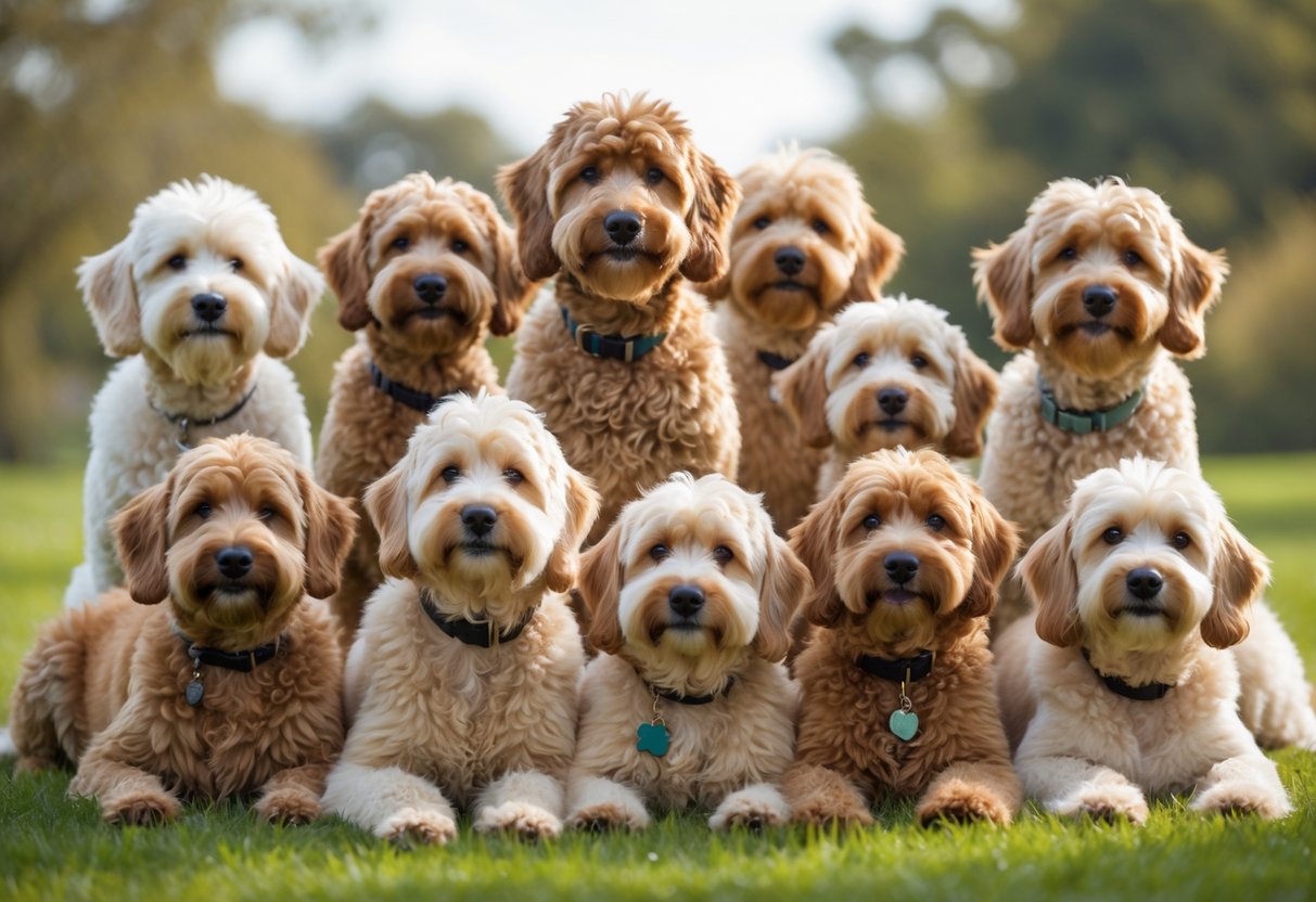Fifteen Goldendoodle dogs with fluffy coats gathered together outdoors on green grass.