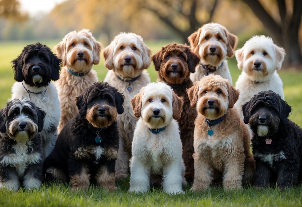 Fifteen Bernedoodle dogs sitting and standing together outdoors on green grass with trees in the background.