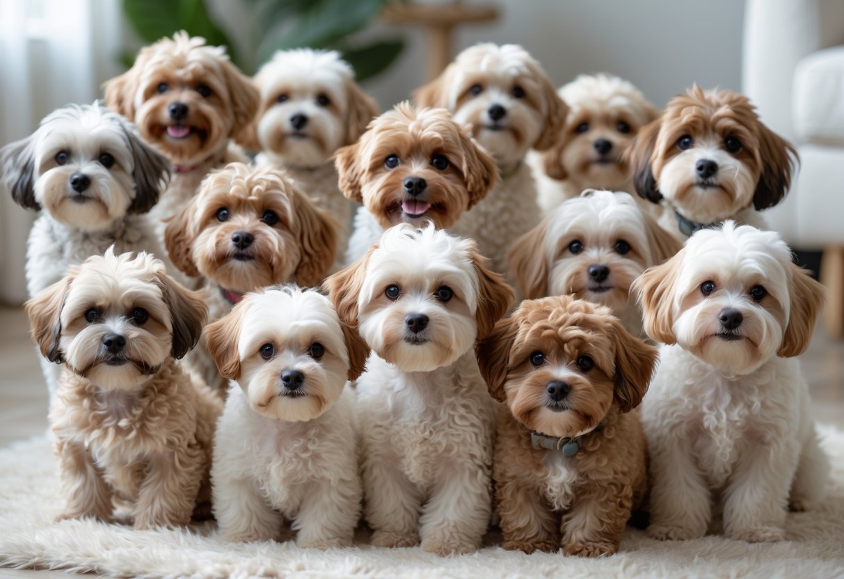 Fifteen small Maltipoo dogs with fluffy cream and light brown coats gathered together indoors on a soft white rug.