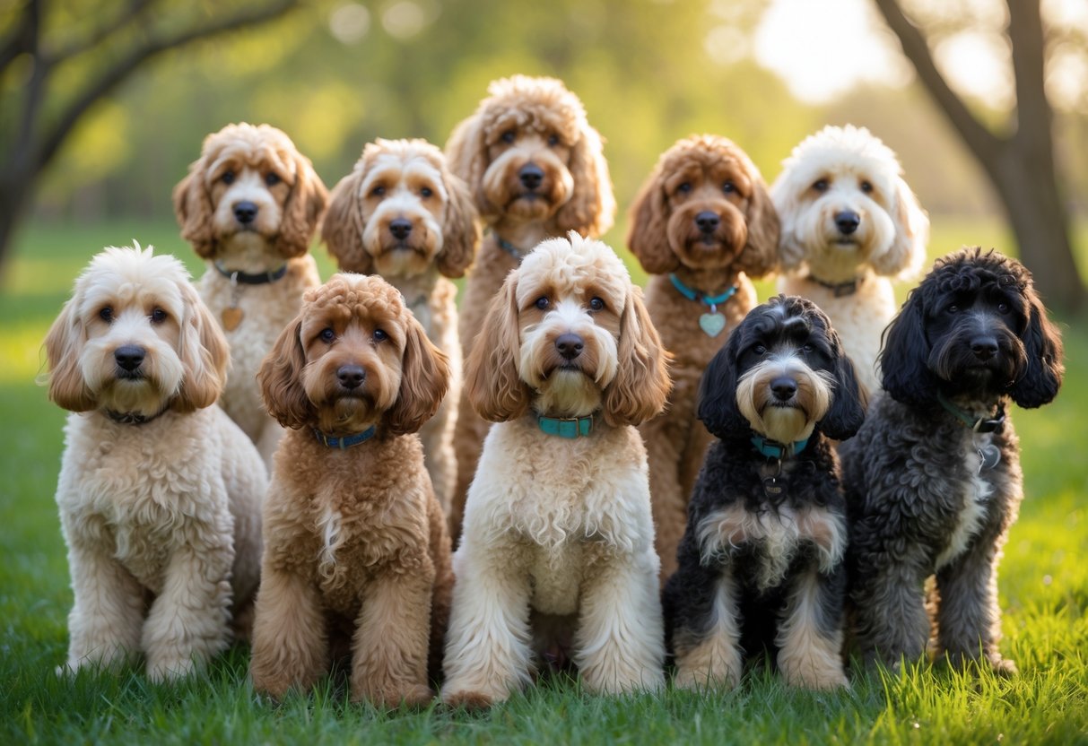 A group of 15 Cockapoo dogs with curly coats sitting and standing on green grass outdoors.