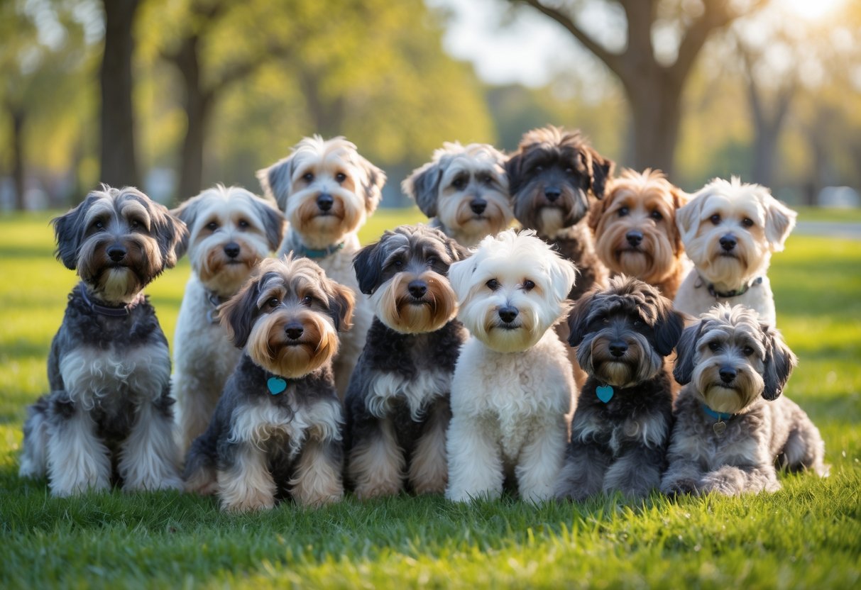 A group of 15 Schnoodle dogs sitting and standing together outdoors on grass with trees and blue sky in the background.