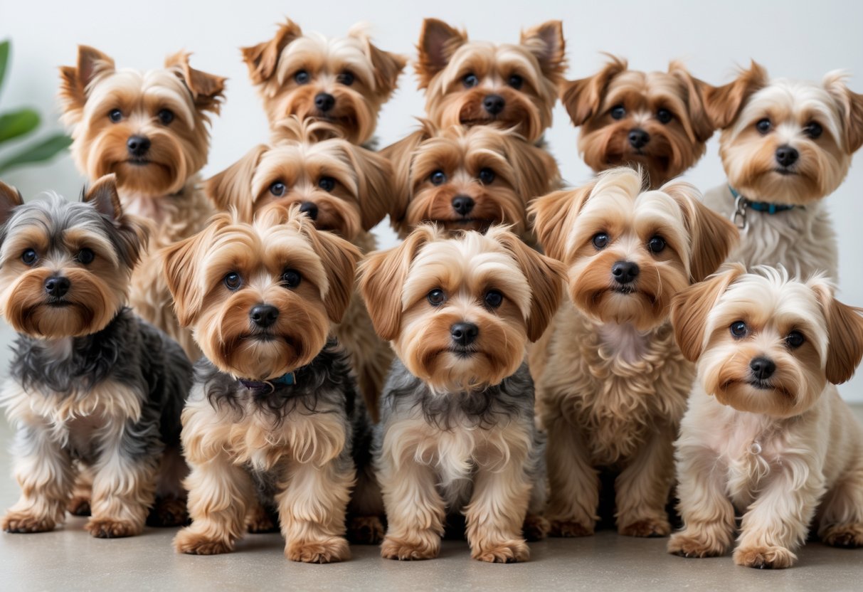 A group of 15 small Yorkipoo dogs sitting and standing together indoors.