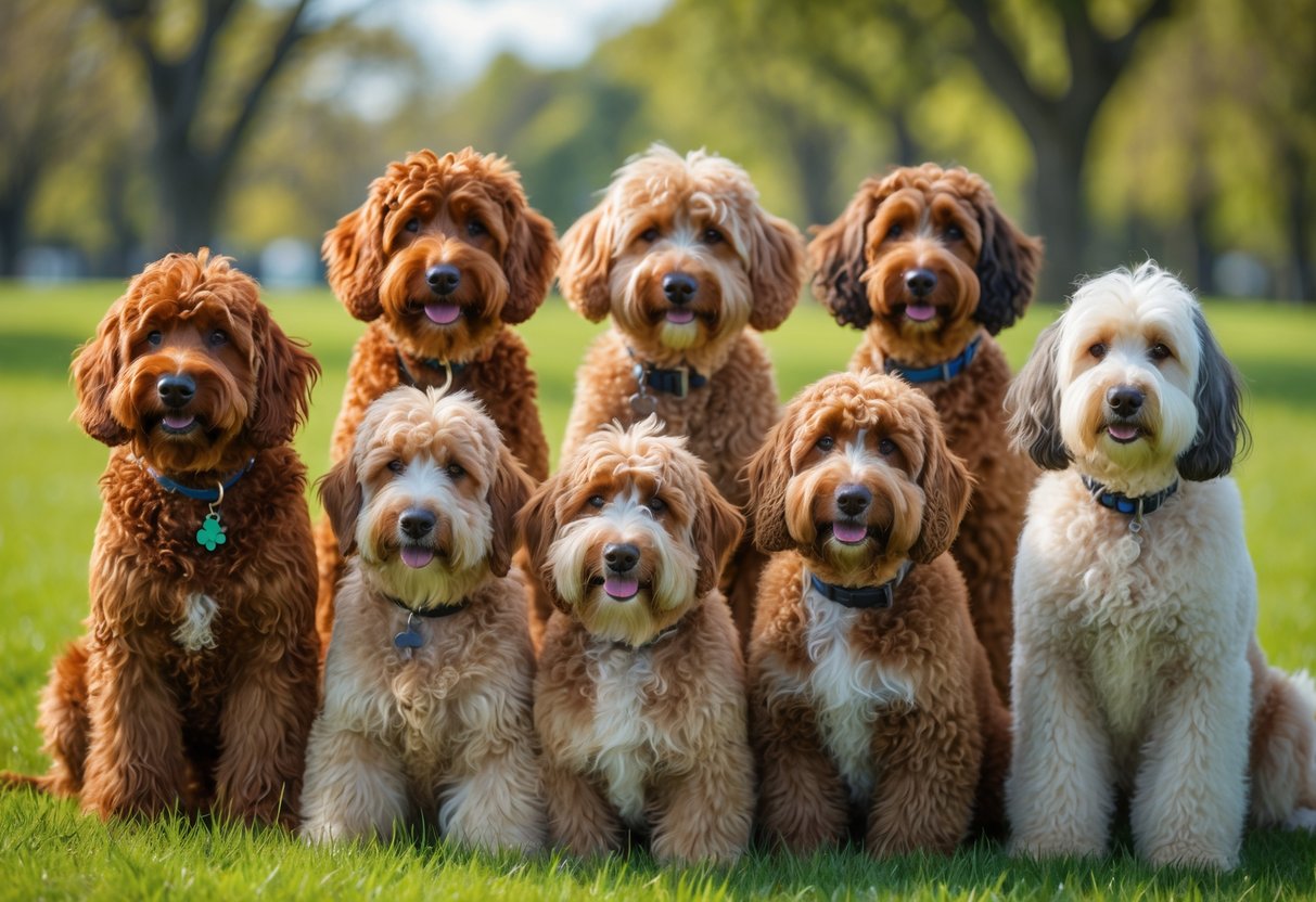 A group of 15 Irish Doodle dogs with curly and wavy coats sitting and standing on green grass in a park with trees and blue sky in the background.